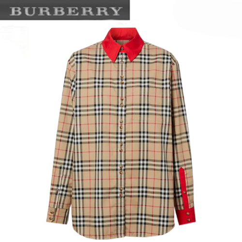 BURBERRY-80242511 버버리 컨트라스트 트리밍 빈티지 체크 스트레치 셔츠