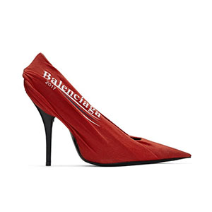 BALENCIAGA-495775 발렌시아가 로고 프린트 레드 익스트림 포인티드 토우 나이프 펌프스 여성용